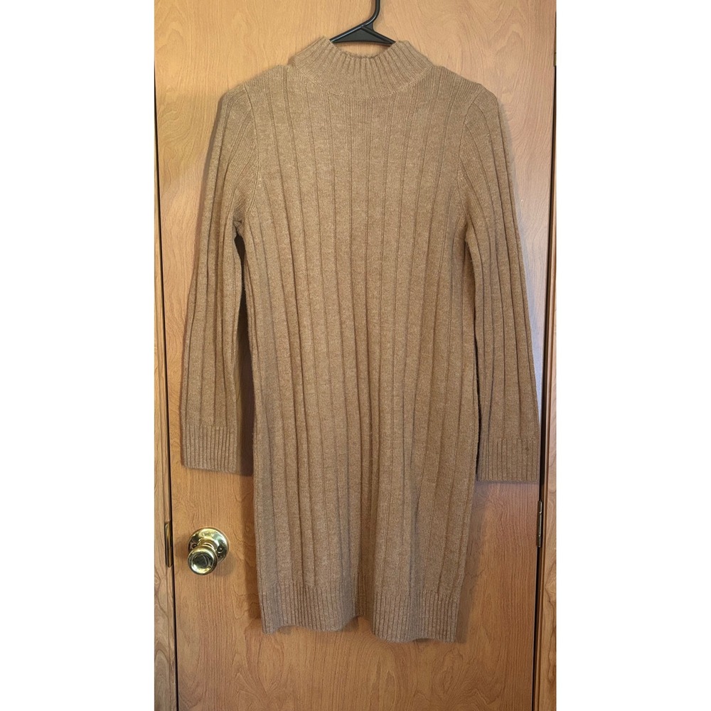 Madewell Ribbed Mock Neck Wool Blend Mini Sweater Dress Camel Brown Size S